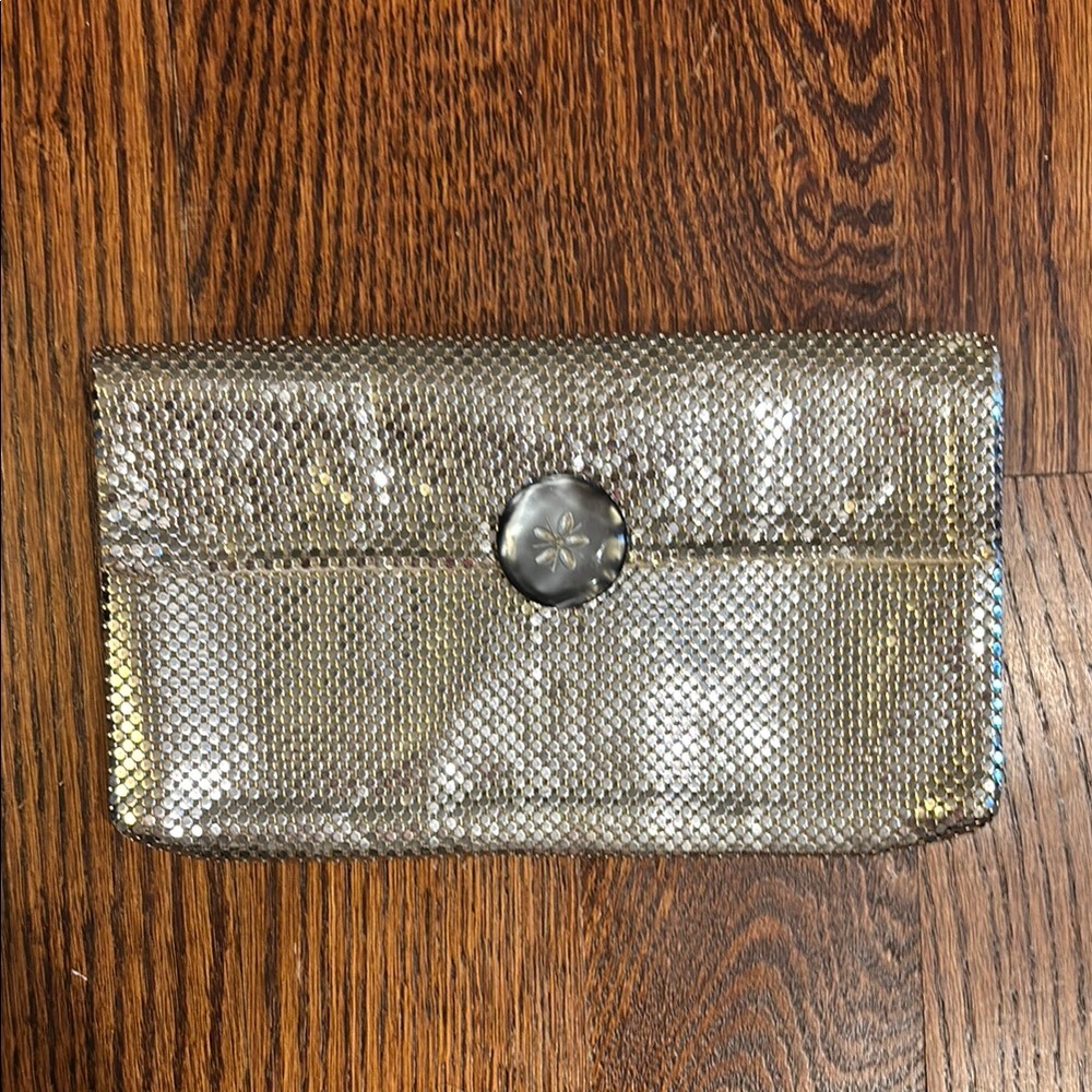 Whiting and Davis Silver Sequin Clutch with Button Detail